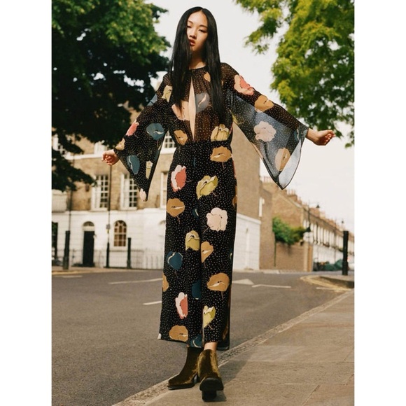 ZARA Georgette Floral Polka Dot Wide Leg Boho Jumpsuit - Picture 1 of 9